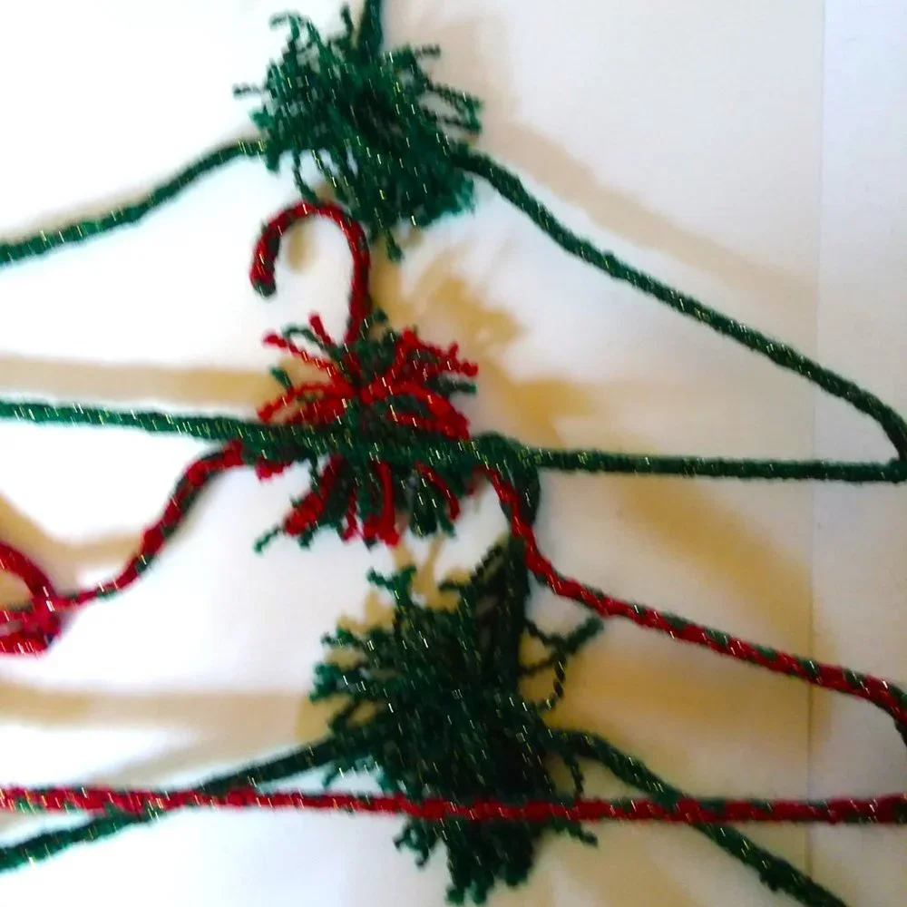 6 VTG 70s Crocheted Hangers Christmas Pom Poms Handmade Metal Retro Granny Knit
